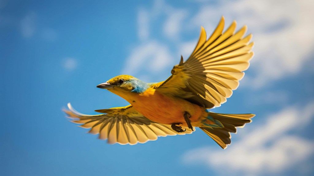 The Golden Tanager, a yellow bird flying in a bright blue sky with wings outstretched.